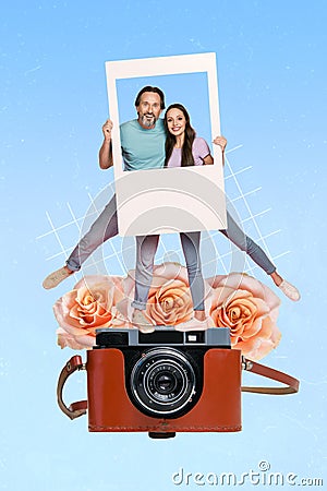 Collage photo love story middle age man his wife snapshooting hold cadre frame old vintage photocamera romantic Stock Photo