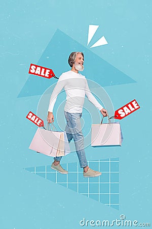 Collage photo of old aged pensioner grandfather grey beard hold bags pricetag sale shopping offer clothes isolated on Stock Photo