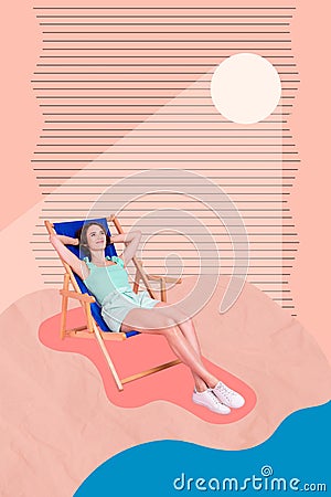 Collage photo postcard of young chilling positive student girl wear bikini shorts lying sunbed relax near ocean sunny Stock Photo