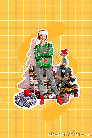 Collage photo poster folded arms stay cool wear green beer deer ugly sweater shopping toys for xmas tree tradition Stock Photo