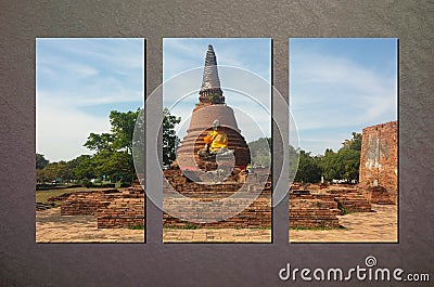 The Collage Photo of Ruin Ayutthaya Brick Temple in Sunny Day on Abstract Gray Wall Background made by Photoshop, Vintage Style Stock Photo