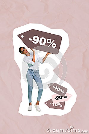 Collage photo of student young lady wear smart casual clothes excited hold big placard pricetag big discount last time Stock Photo