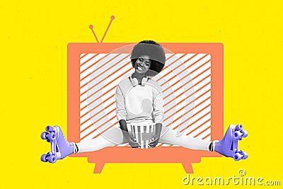 Collage photo of young cute woman sitting abstract television watching take popcorn wear rollerblades isolated on yellow Stock Photo