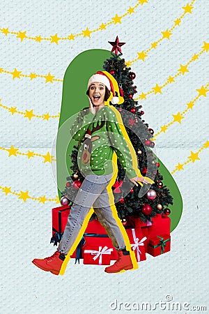 Collage photo of young excited girl wear green ugly sweater tradition decorated christmas tree postcard isolated on blue Stock Photo