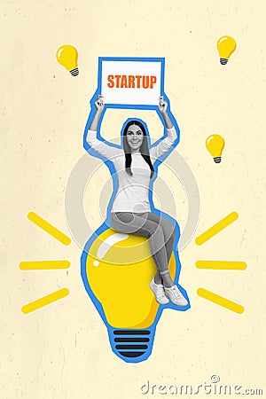 Collage photo of young funny excited amazed girl hold placard startup idea sitting abstract painted lightbulb genius Stock Photo