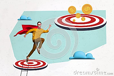 Collage photo of young funny excited student superhero worker career ofice target coin usd dollars positive fly air Editorial Stock Photo