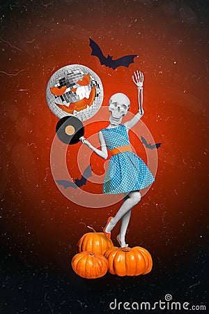 Collage photo of young funny retro dressed woman wear skirt high heels stay pumpkin halloween scary hold plate headless Stock Photo