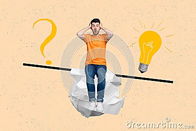 Collage photo of young funny smart man sitting balance scales dont know confused idea asking question mark vs lamp Stock Photo