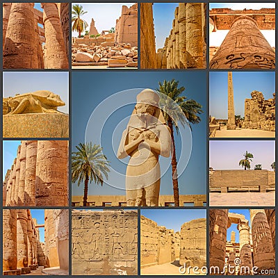 A collage of photos Beautiful ancient Temple of Medina-Habu. Egypt, Luxor Stock Photo