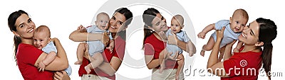 Collage with photos beautiful mother and her cute baby on white background. Banner design Stock Photo