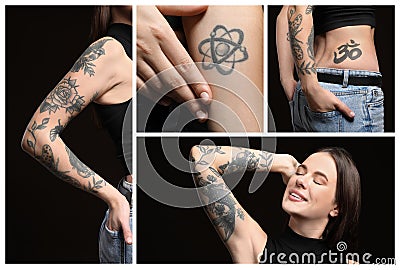 Collage with photos of beautiful woman with tattoos on body against black background Stock Photo