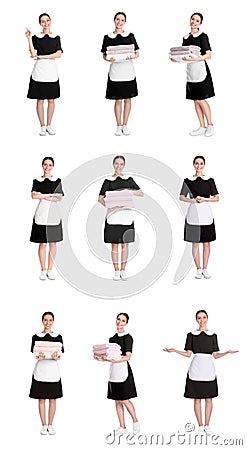 Collage with photos of chambermaid on background Stock Photo
