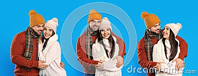 Collage with photos of couple wearing warm clothes on background. Winter vacation Stock Photo