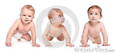 Collage with photos cute little babies crawling on white background. Banner design Stock Photo