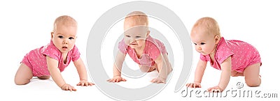 Collage with photos cute little baby crawling on white background. Banner design Stock Photo