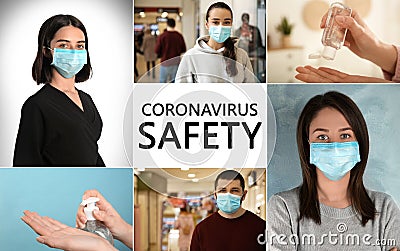 Collage with photos devoted coronavirus outbreak. Be in safety Stock Photo