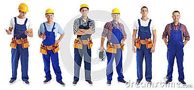 Collage with photos of electricians on background, banner design Stock Photo