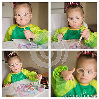 A collage of photos of the girl with Down syndrome, which draws paints Stock Photo