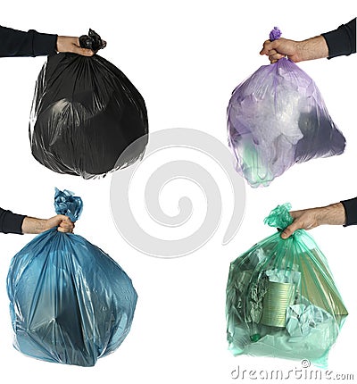 Collage with photos of men holding trash bags on white background, closeup Stock Photo