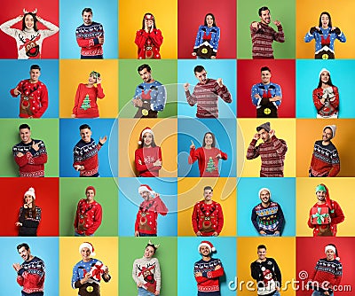 Collage with photos of men and women in different Christmas sweaters on color backgrounds Stock Photo