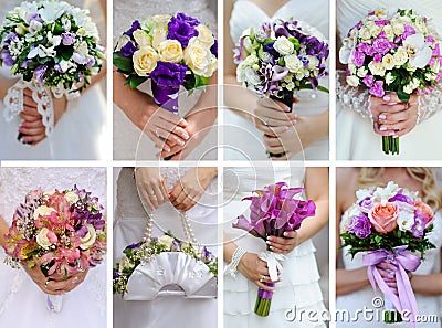 Collage photos from wedding bouquets in hands of bride Stock Photo