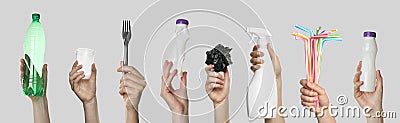 Collage with photos of women holding plastic things on grey background, closeup. Banner design Stock Photo