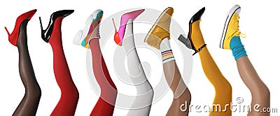 Collage with photos of women showing fashionable collections of stylish shoes, tights and socks on white background, closeup view Stock Photo