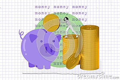 Collage picture illustration black white filter miniature happy excited young lady hold coin money cash purple piggy Cartoon Illustration