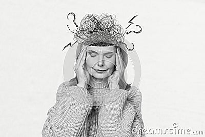 Collage picture illustration black white filter unwell old woman pain head ache treatment antidepressants migraine white Cartoon Illustration