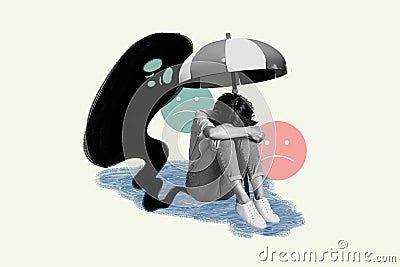 Collage picture of unsatisfied black white gamma girl drawing monster sad emoji isolated on white background Stock Photo