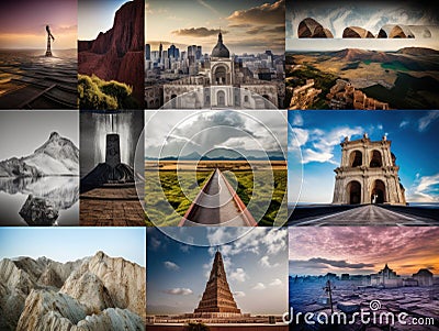 A collage of pictures of different landscapes. AI generative image. Stock Photo