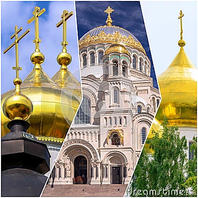 Collage pictures of golden cupola of Russian orthodox churches Stock Photo