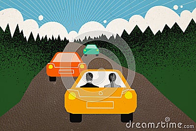 Collage pinup pop image of happy cheerful people riding car summer vacation weekend trip countryside isolated on painted Stock Photo