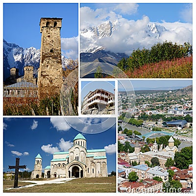 Collage of popular Georgia touristic landmarks, unesco heritage Stock Photo