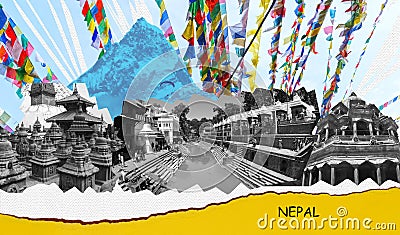 Collage of popular Nepalese travel destinations - Kathmandu valley and Himalaya mountains Stock Photo