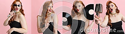 Collage of portrait of young beautiful jazz singer posing isolated over pink background Stock Photo