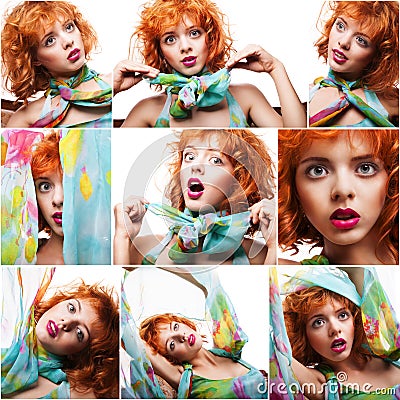 Collage of portraits beautiful young red woman isolated Stock Photo