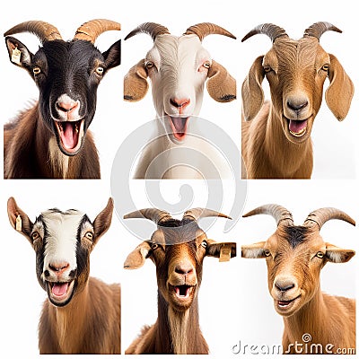 collage of portraits of goats of different breeds and colors, for advertising livestock product Stock Photo