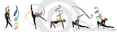 Collage of portraits of little girl, rhythmic gymnastics artist training with colored ribbon on white studio Stock Photo