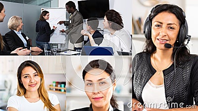 Collage of portraits of mixed age group of focused business professionals Stock Photo