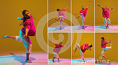 Collage. Portraits of oung stylish girl, contemp hip-hop dancer in motion, training over yellow background Stock Photo