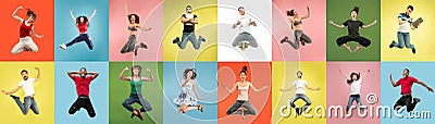 Collage of portraits of young jumping people on multicolored background in motion and action Stock Photo