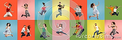 Collage of portraits of young jumping people on multicolored background in motion and action Stock Photo