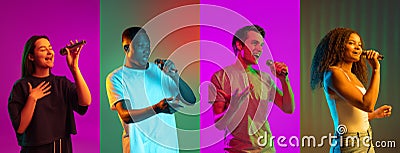 Collage of portraits of young people with microphones isolated over multicolored backgrounds in neon light. Stock Photo