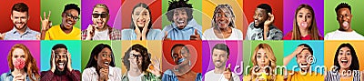 Collage of positive international millennial guys and ladies gesturing and make signs hands Stock Photo