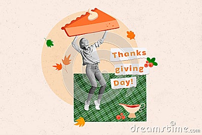 Collage poster image of cheerful cute girl raise huge piece tasty pumpkin pie isolated on drawing background Stock Photo