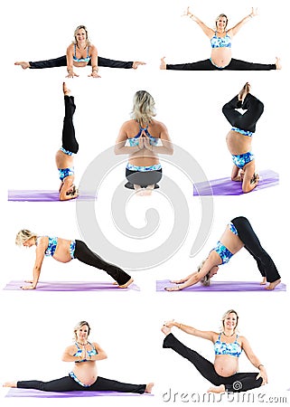 Collage of pregnant fitness woman make stretch on yoga and pilates pose on white background Stock Photo