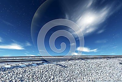 Railway track against the sky. Collage Stock Photo