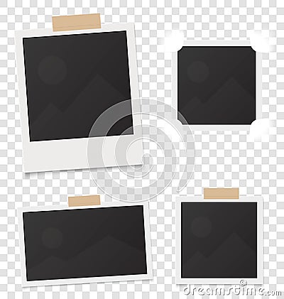 Collage of realistic blank instant photos isolated on sticky tape. Vector illustration set. Template retro photo design Vector Illustration