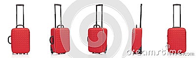 Collage of red wheeled textured colorful suitcases with handles isolated on white. Stock Photo